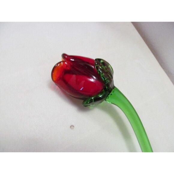 Hand Blown Long Stem Red Rose Bud Glass Flower - Picture 11 of 14